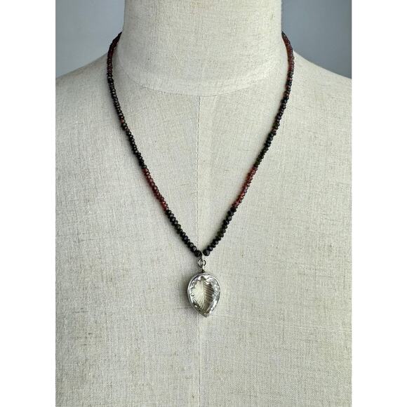Leaf Carved Quartz Crystal Sterling Pendant Garnet Black Spinel Beaded Necklace - Picture 2 of 7